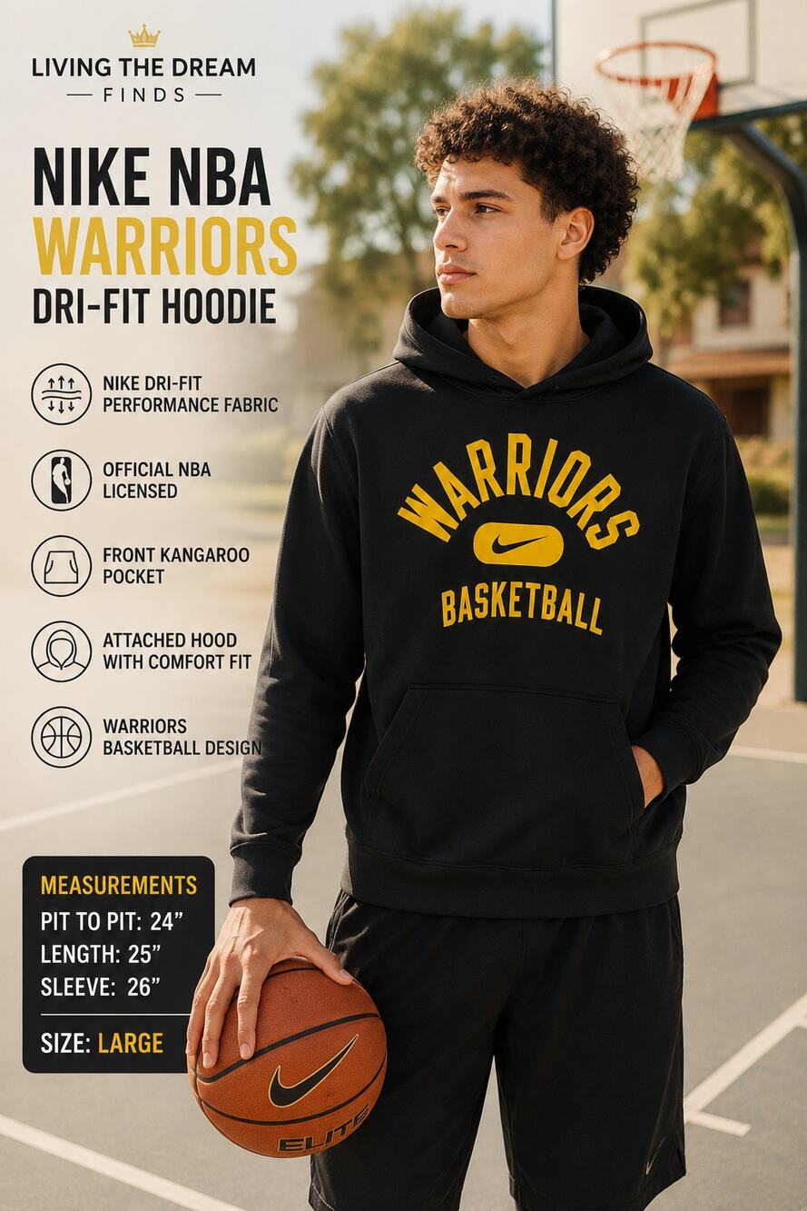 Nike NBA Golden State Warriors Basketball Dri FIT Hoodie Black Gold Size Large